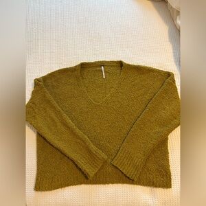 Free People Olive Green V-Neck Women's Boucle Knit Sweater